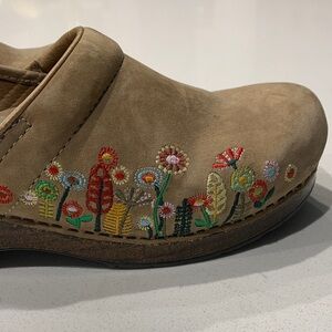 Dansko Brown Suede Clogs with Floral Design